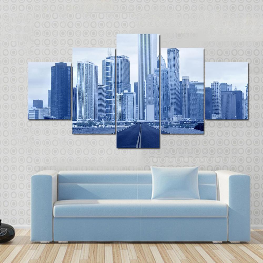 Road Approaching City Skycrappers Canvas Wall Art-5 Star-Gallery Wrap-62" x 32"-Tiaracle