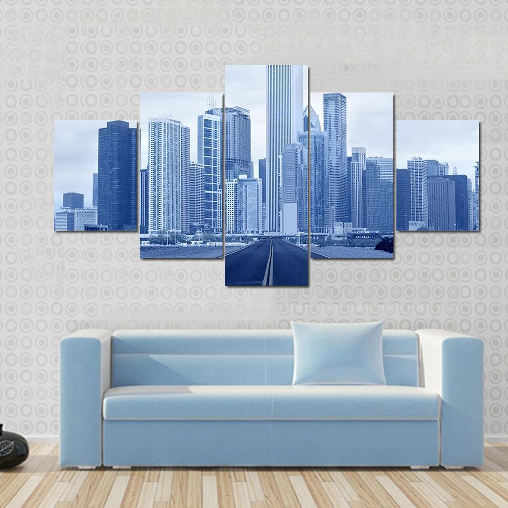 Road Approaching City Skycrappers Canvas Wall Art-4 Pop-Gallery Wrap-50" x 32"-Tiaracle