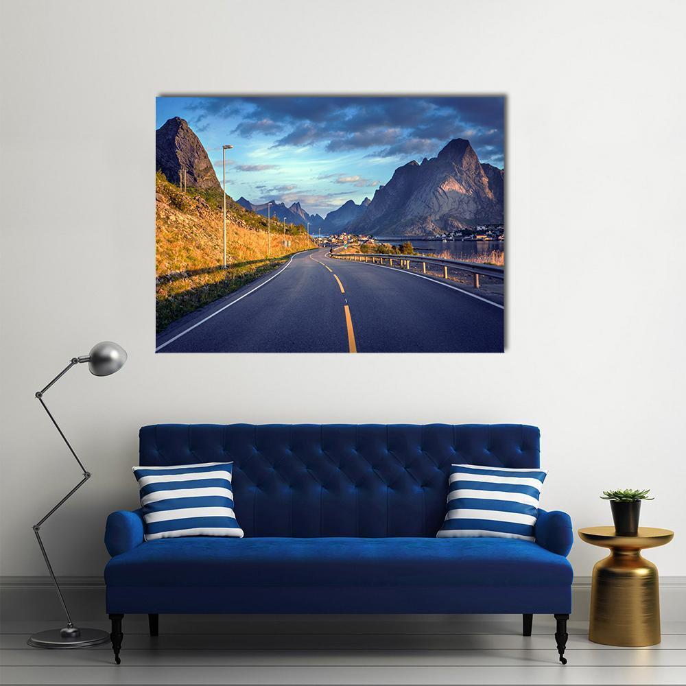 Road by the Sea in Lofoten Canvas Wall Art in gray, brown and blue, single panel hung on a wall