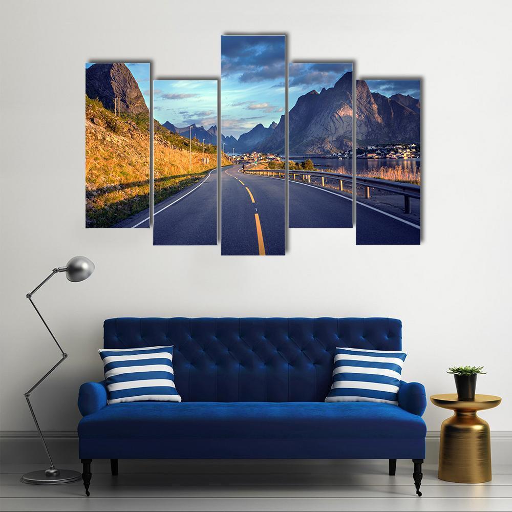 Road By The Sea In Lofoten Islands Canvas Wall Art-5 Pop-Gallery Wrap-47" x 32"-Tiaracle