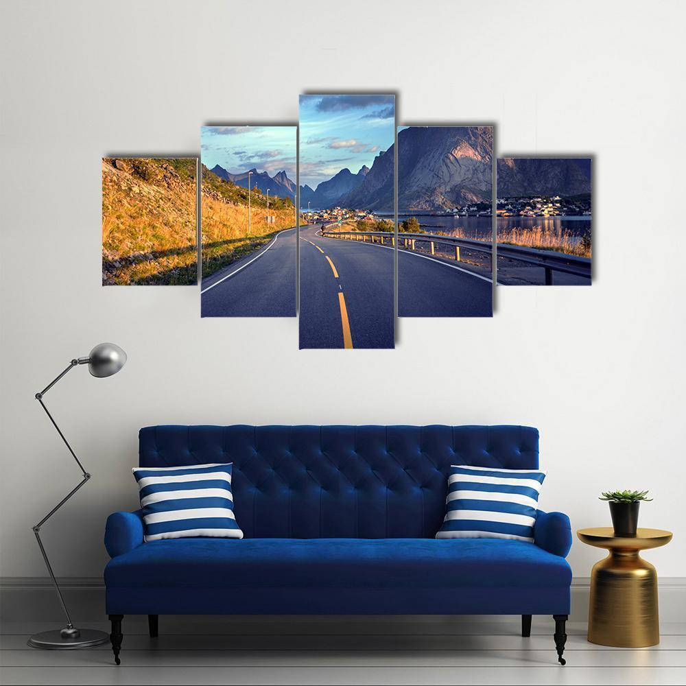 Road By The Sea In Lofoten Islands Canvas Wall Art-5 Star-Gallery Wrap-62" x 32"-Tiaracle