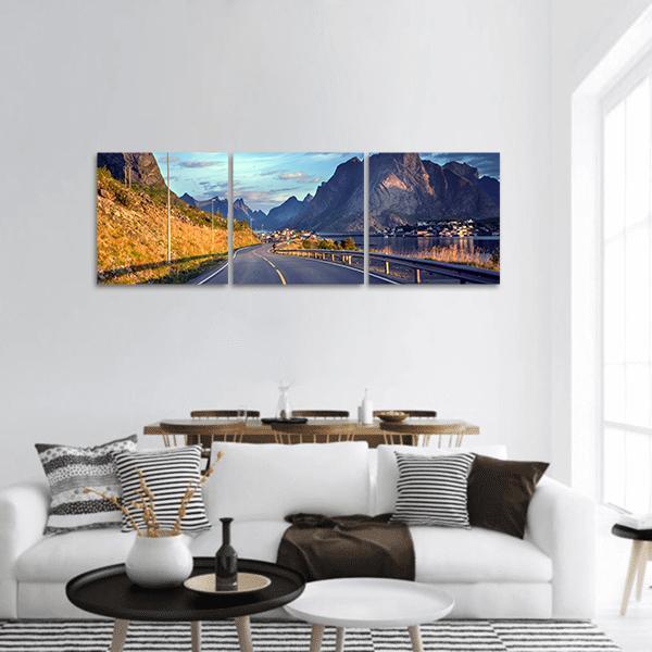 Road By The Sea In Norway Panoramic Canvas Wall Art-3 Piece-25" x 08"-Tiaracle