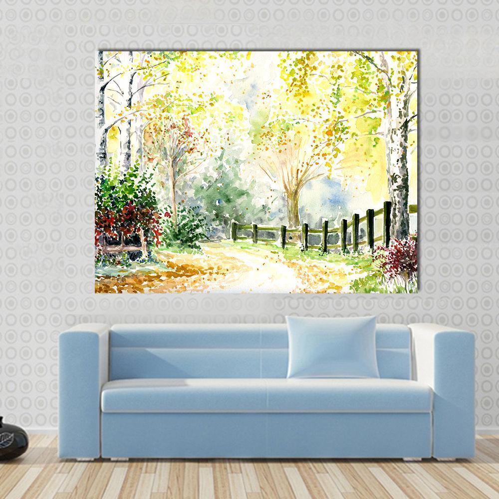 Road Fence and Trees in Autumn Canvas Wall Art in white, yellow and green, single panel hung on a wall