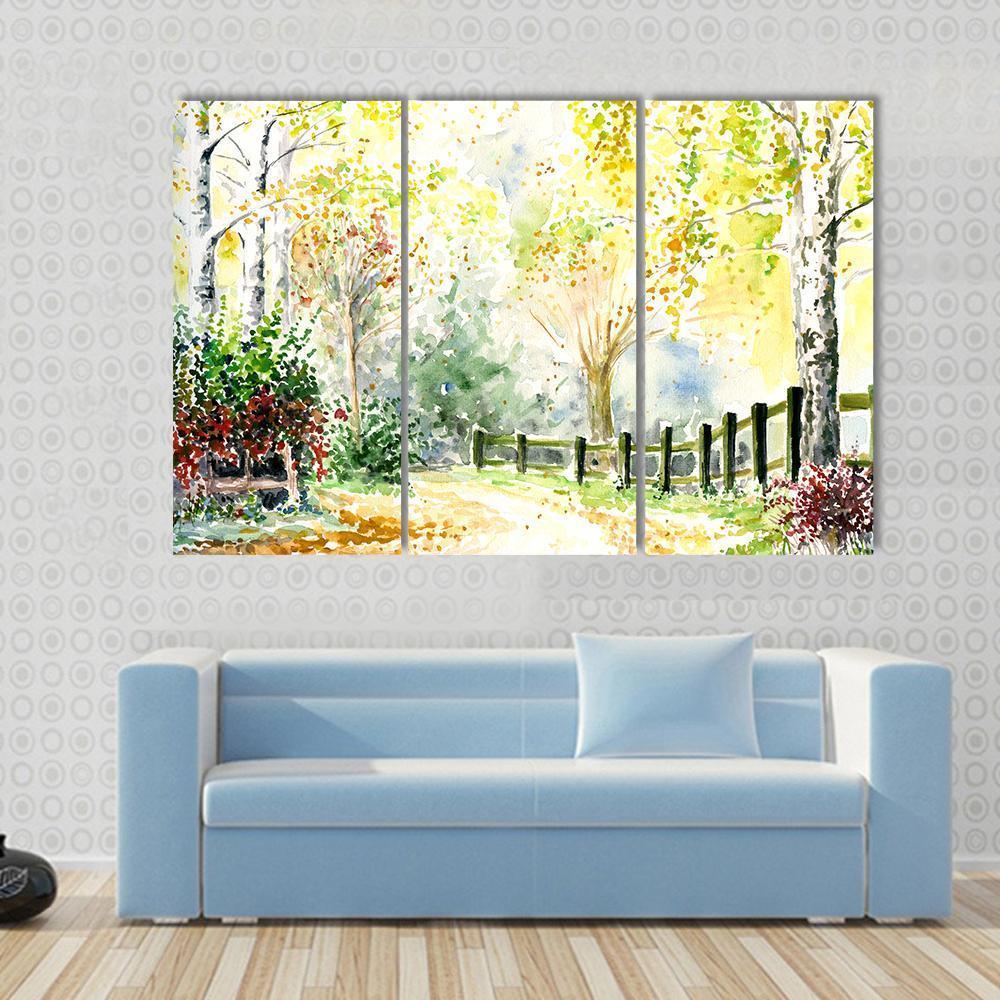 Road Fence And Trees In Autumn Canvas Wall Art-3 Horizontal-Gallery Wrap-37" x 24"-Tiaracle