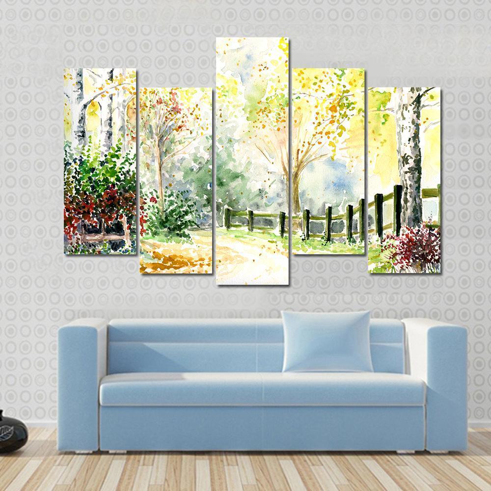 Road Fence And Trees In Autumn Canvas Wall Art-5 Pop-Gallery Wrap-47" x 32"-Tiaracle