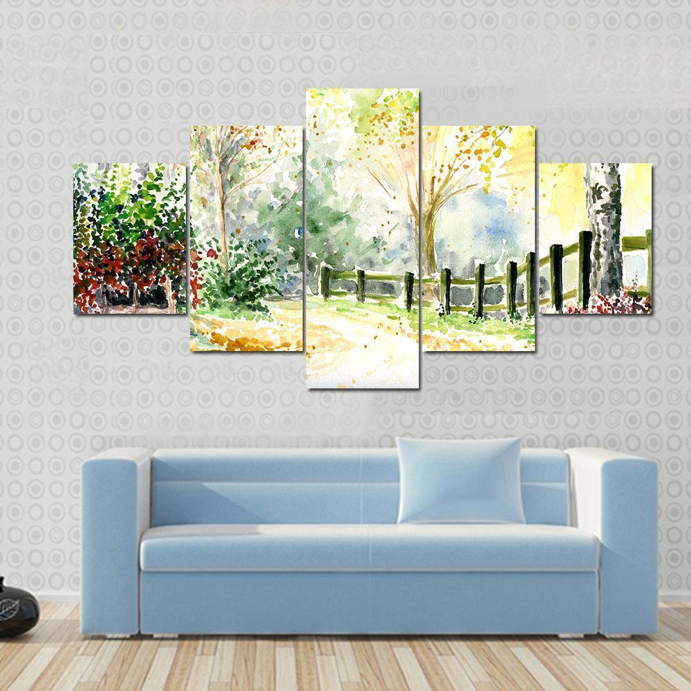 Road Fence And Trees In Autumn Canvas Wall Art-5 Star-Gallery Wrap-62" x 32"-Tiaracle