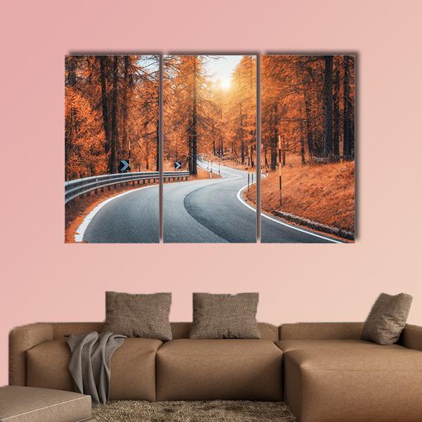 Road In Autumn Forest At Sunset Canvas Wall Art-3 Horizontal-Gallery Wrap-37" x 24"-Tiaracle
