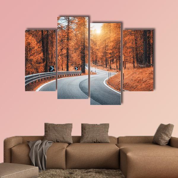 Road In Autumn Forest At Sunset Canvas Wall Art-4 Pop-Gallery Wrap-50" x 32"-Tiaracle