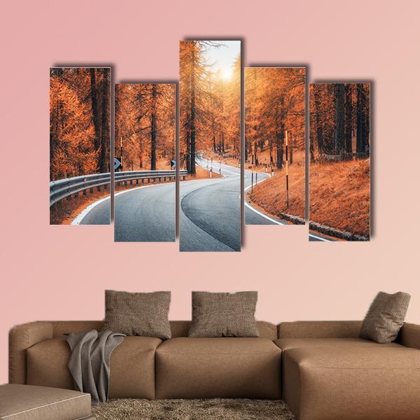 Road In Autumn Forest At Sunset Canvas Wall Art-5 Pop-Gallery Wrap-47" x 32"-Tiaracle