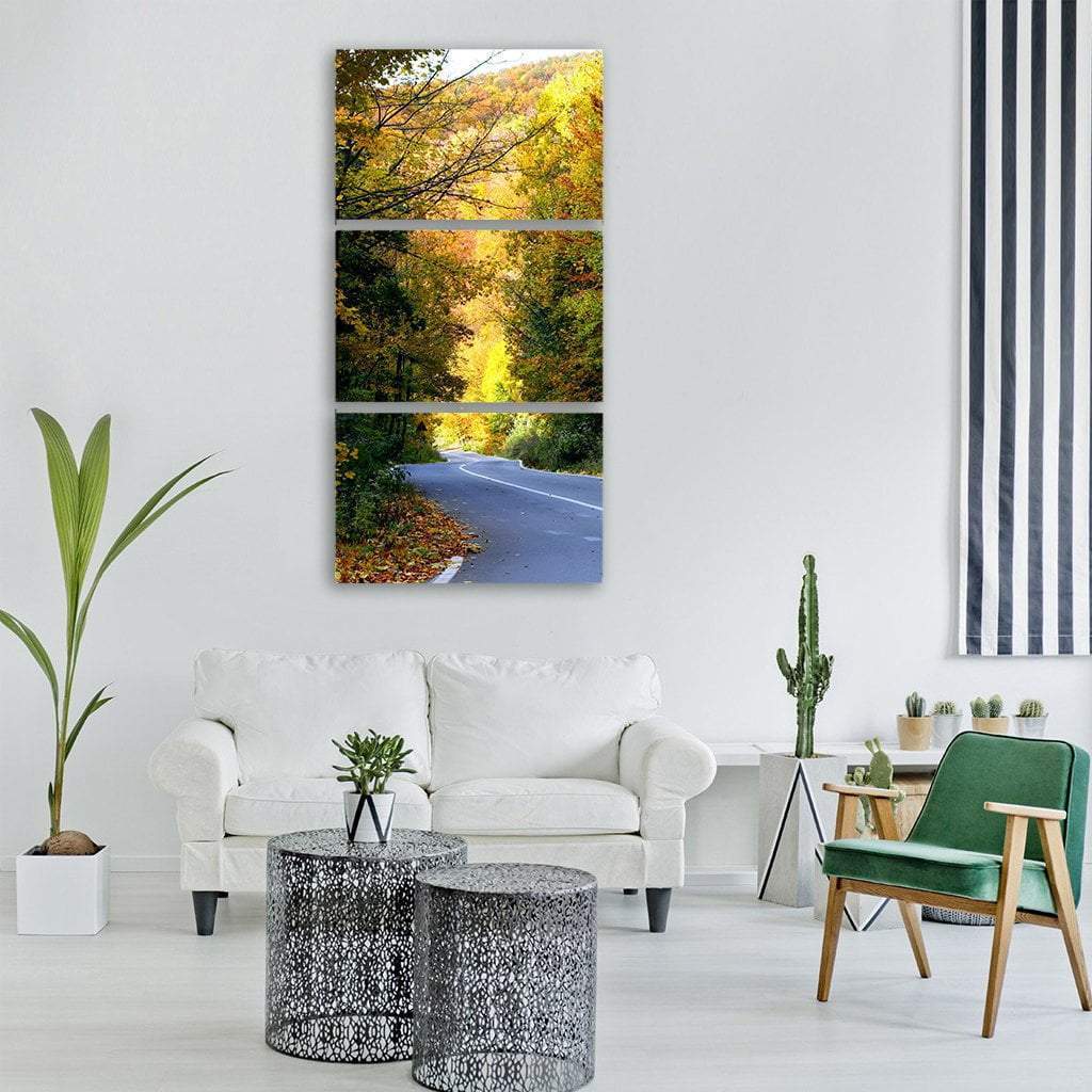 Road In Autumn Forest Mountains Vertical Canvas Wall Art-3 Vertical-Gallery Wrap-12" x 25"-Tiaracle