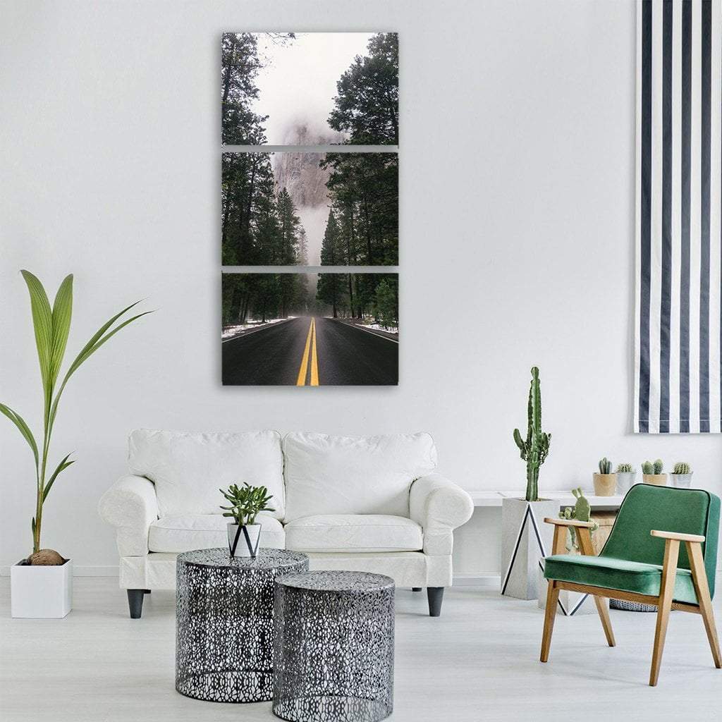 Road In Cold Foggy Forest Vertical Canvas Wall Art-3 Vertical-Gallery Wrap-12&quot; x 25&quot;-Tiaracle