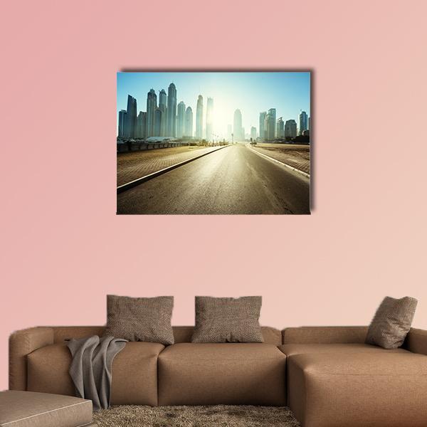 Sunlit Road in Dubai Canvas Wall Art in gray, yellow and blue, single panel hung on a wall