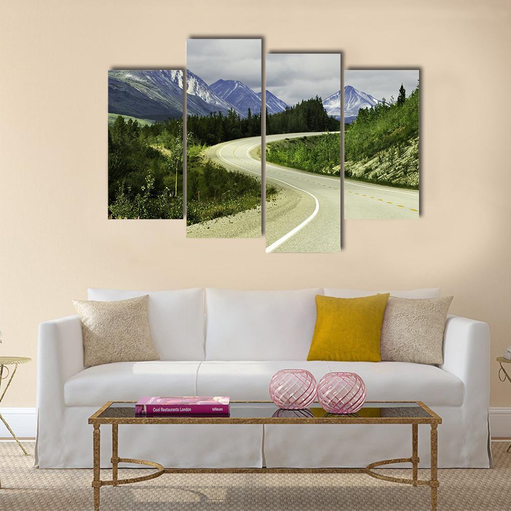 Road In Mountain Alaska Canvas Wall Art-4 Pop-Gallery Wrap-50" x 32"-Tiaracle