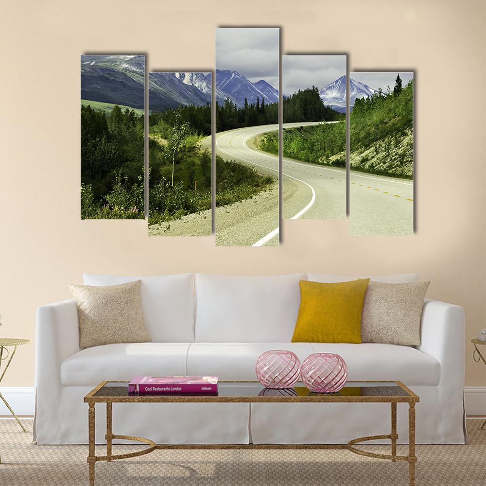 Road In Mountain Alaska Canvas Wall Art-5 Pop-Gallery Wrap-47" x 32"-Tiaracle