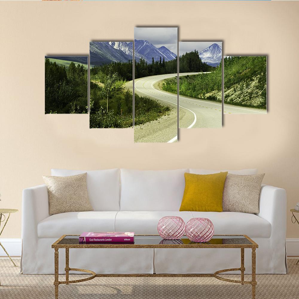 Road In Mountain Alaska Canvas Wall Art-5 Star-Gallery Wrap-62" x 32"-Tiaracle