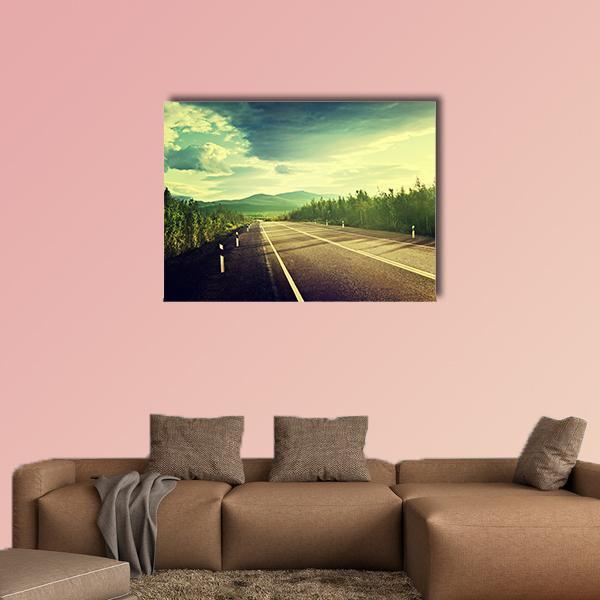 Road in Russian Mountains Canvas Wall Art in yellow, green and blue, single panel hung on a wall