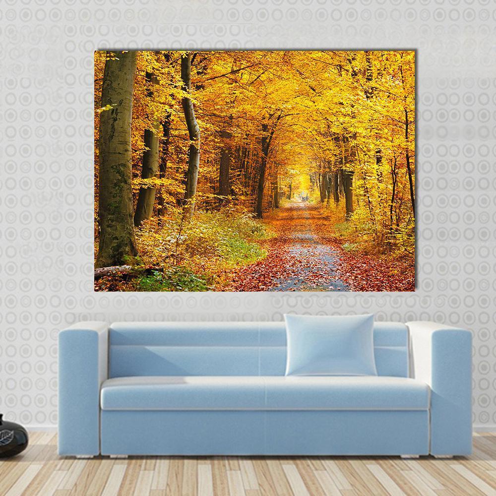 Road in the Autumn Forest Canvas Wall Art in brown, orange and yellow, single panel hung on a wall