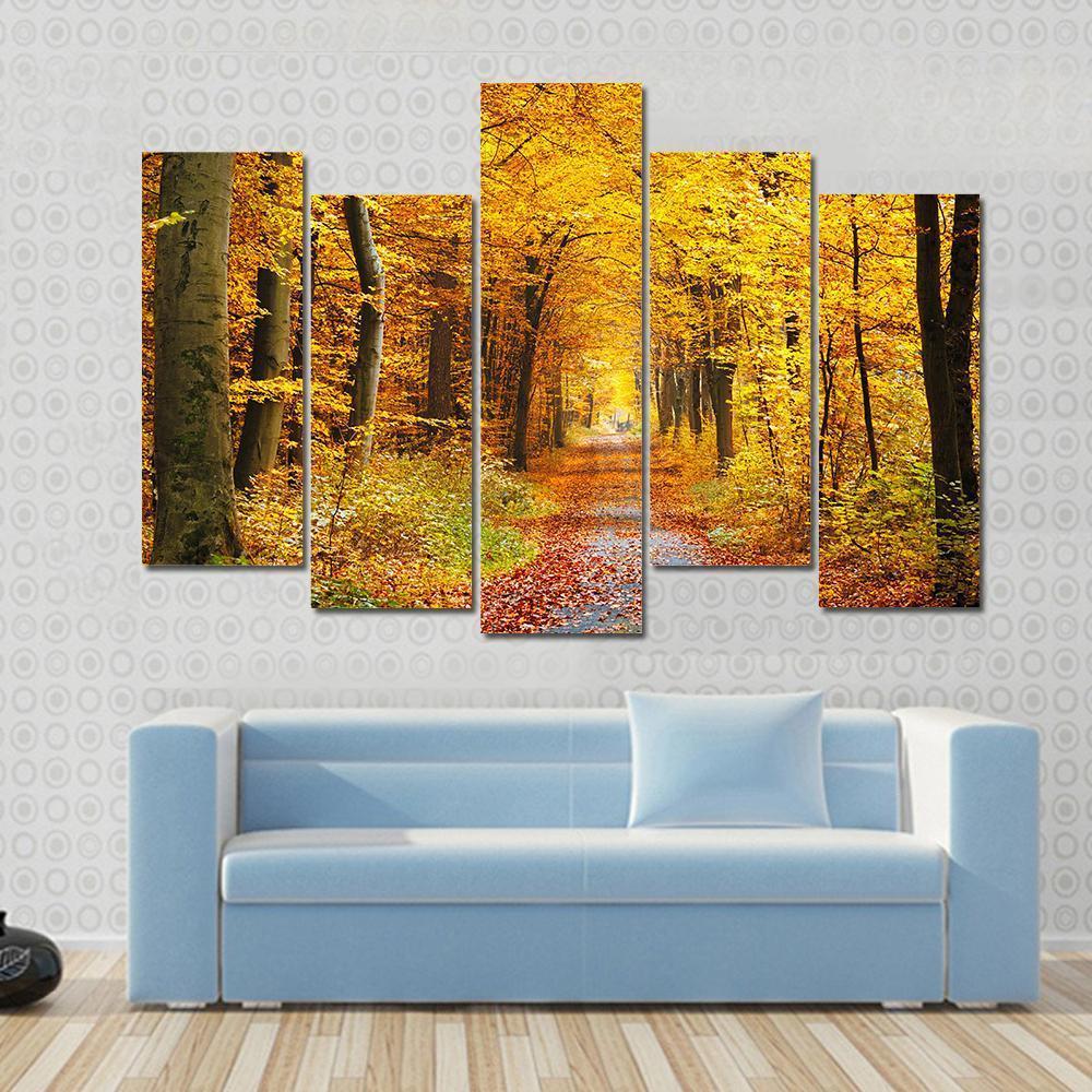 Road In The Autumn Forest Canvas Wall Art-5 Pop-Gallery Wrap-47" x 32"-Tiaracle