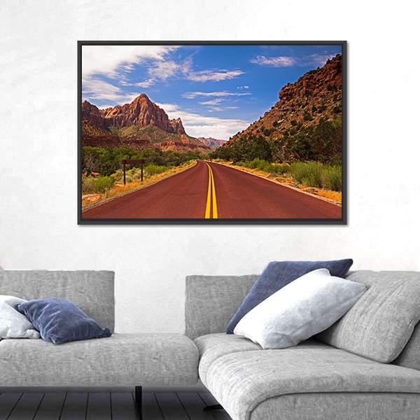 Road In Zion Canyon National Park Canvas Wall Art-1 Piece-Floating Frame-24" x 16"-Tiaracle