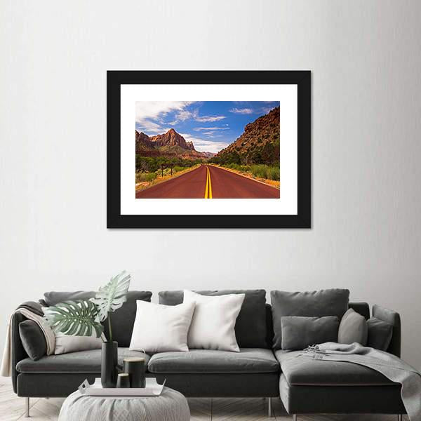 Road In Zion Canyon National Park Canvas Wall Art-1 Piece-Framed Print-20" x 16"-Tiaracle