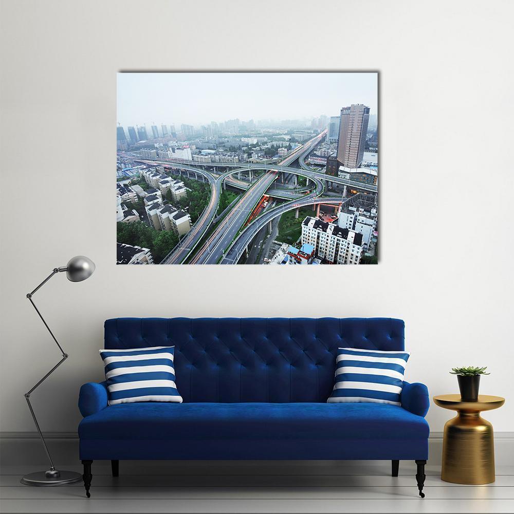 Hangzhou Highway Interchange Canvas Wall Art in white, gray and green, single panel hung on a wall