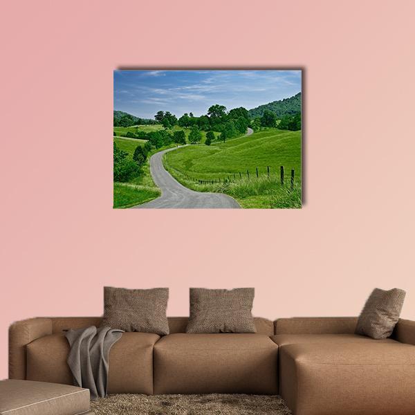 Winding Road to Blue Ridge Mountains Canvas Wall Art in gray, green and blue, single panel hung on a wall