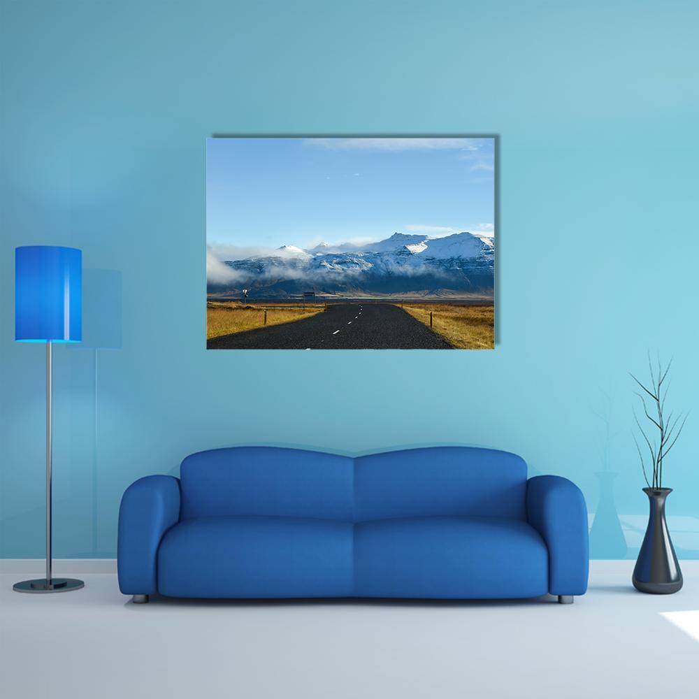 Road Leading To Snow Covered Mountains Canvas Wall Art-1 Piece-Gallery Wrap-48" x 32"-Tiaracle