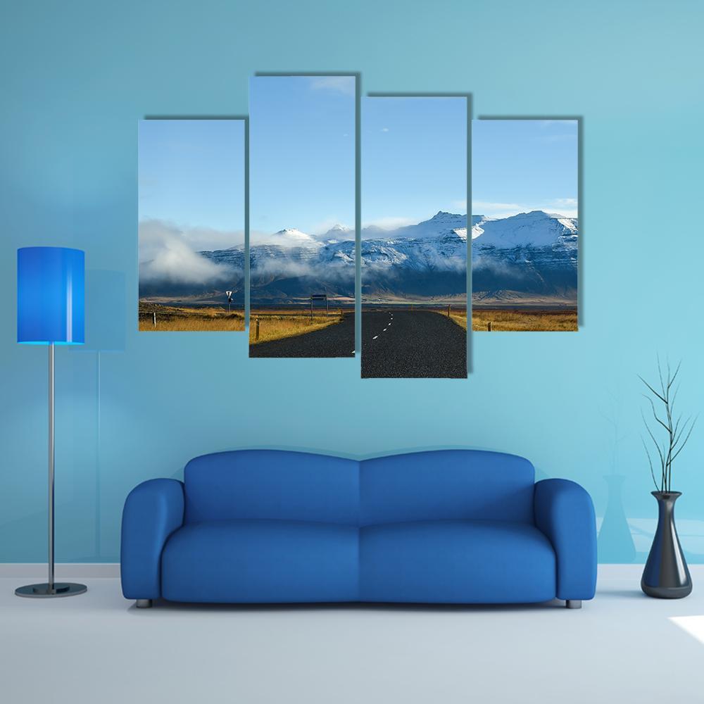 Road Leading To Snow Covered Mountains Canvas Wall Art-4 Pop-Gallery Wrap-50" x 32"-Tiaracle