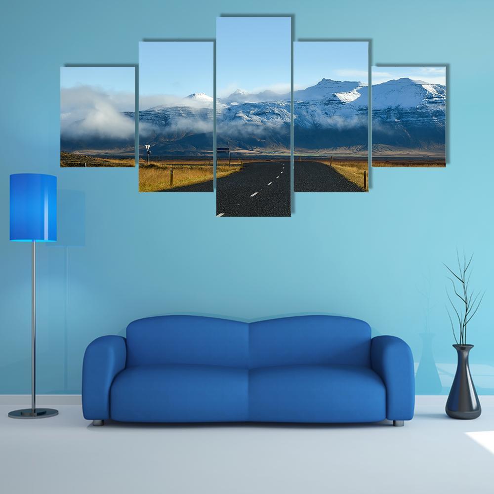 Road Leading To Snow Covered Mountains Canvas Wall Art-5 Star-Gallery Wrap-62" x 32"-Tiaracle