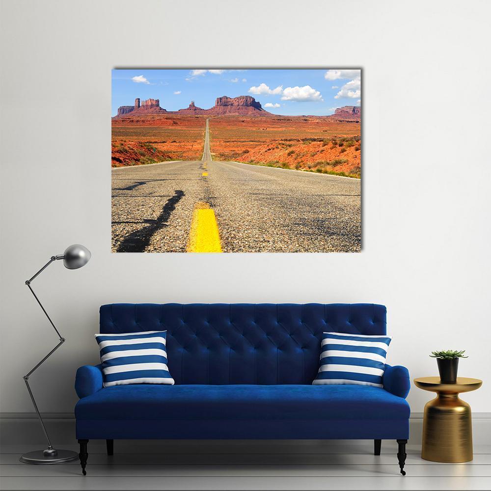 Road-level View of Utah State Route Canvas Wall Art in gray, orange and blue, single panel hung on a wall