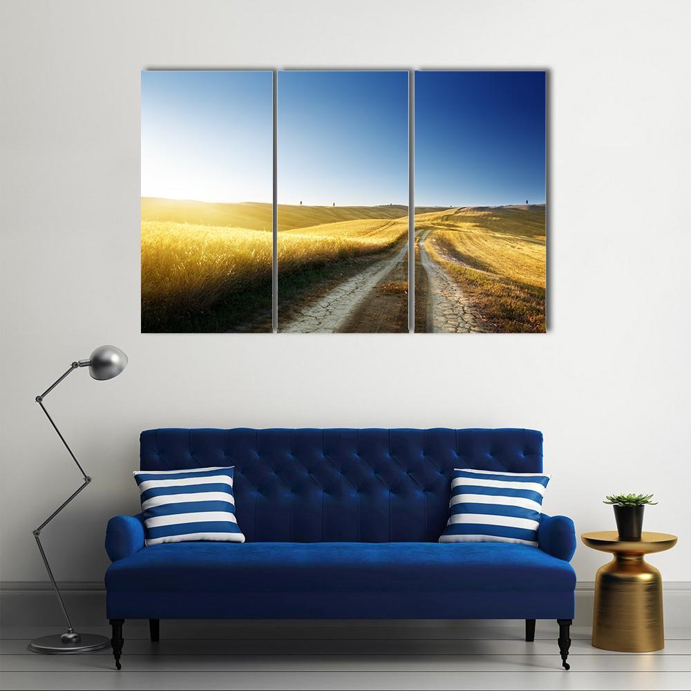 Road On Field In Tuscany At Sunset Canvas Wall Art-3 Horizontal-Gallery Wrap-37" x 24"-Tiaracle