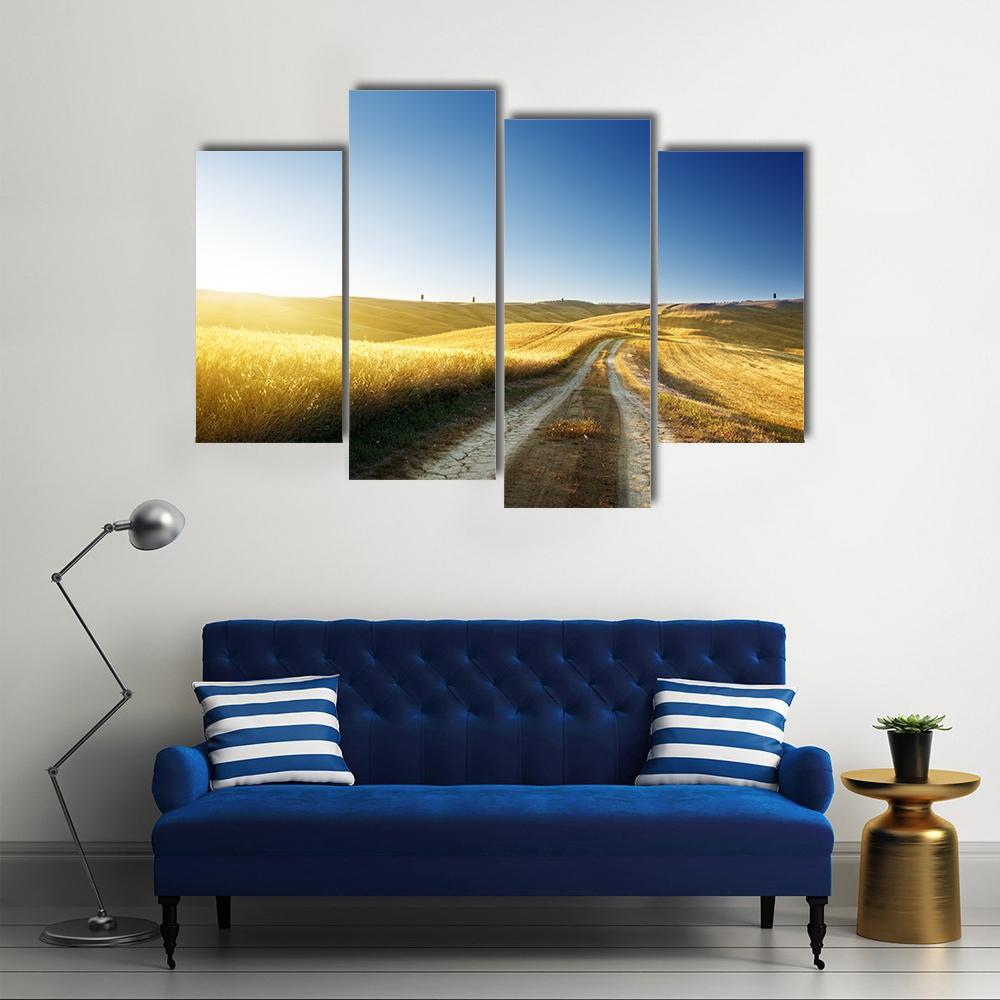 Road On Field In Tuscany At Sunset Canvas Wall Art-4 Pop-Gallery Wrap-50" x 32"-Tiaracle