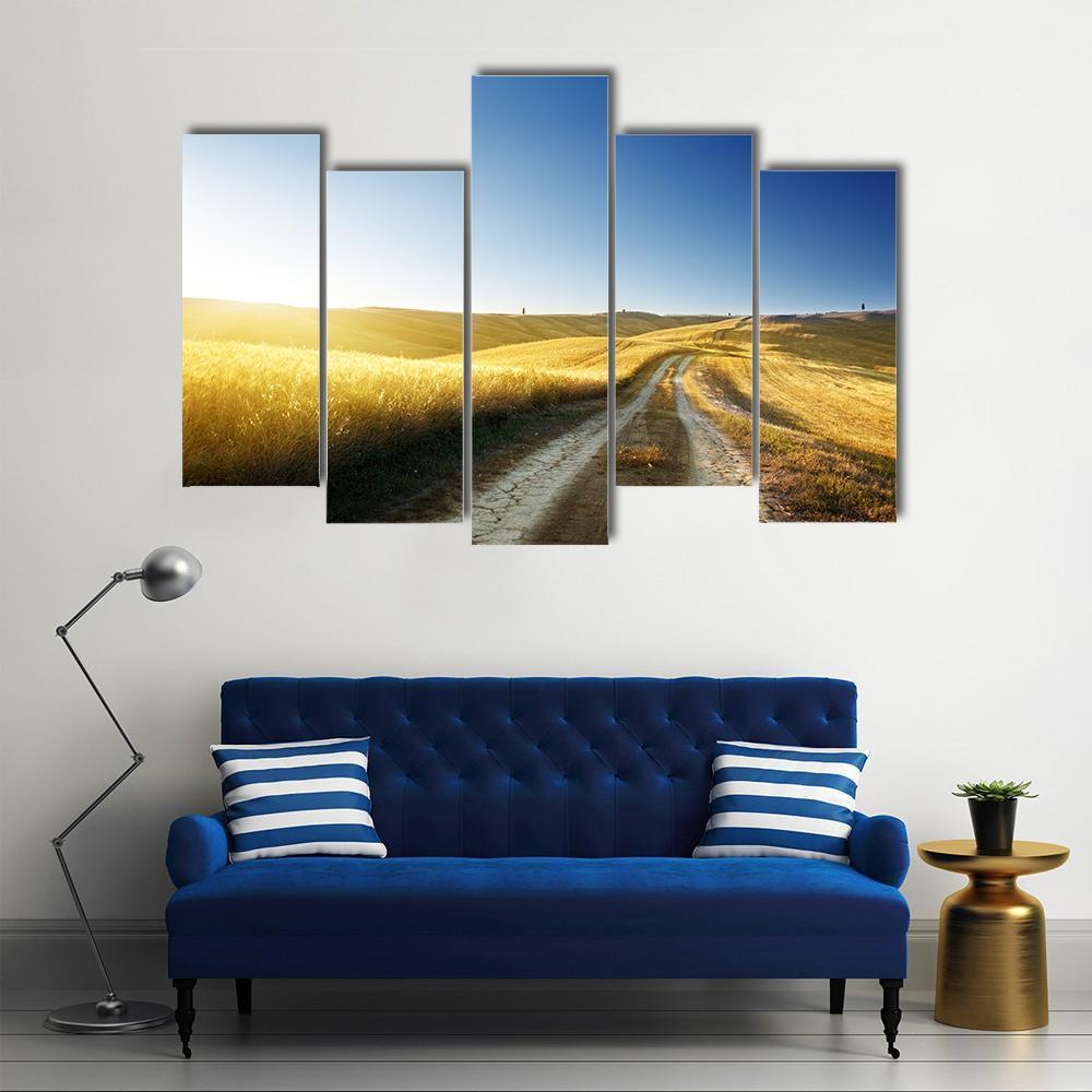 Road On Field In Tuscany At Sunset Canvas Wall Art-5 Pop-Gallery Wrap-47" x 32"-Tiaracle