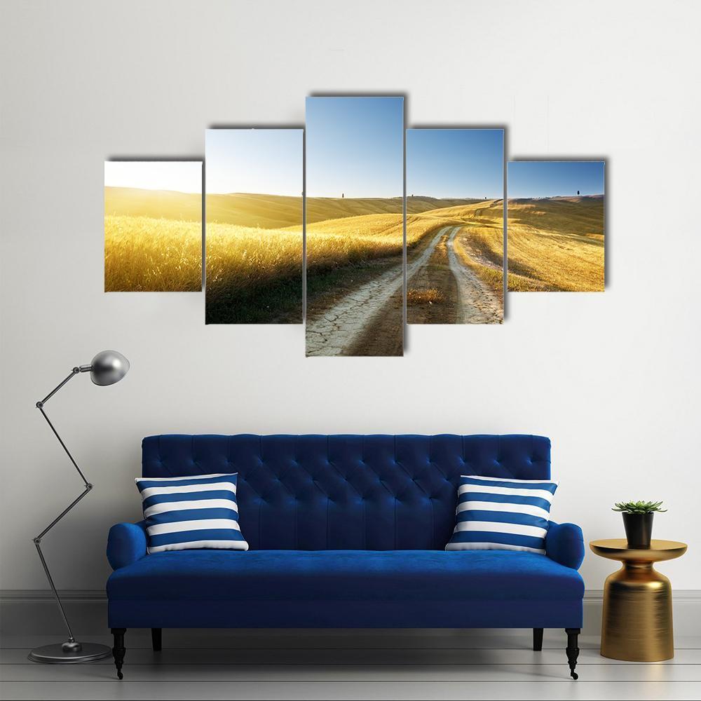 Road On Field In Tuscany At Sunset Canvas Wall Art-5 Star-Gallery Wrap-62" x 32"-Tiaracle
