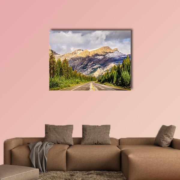 Paved Mountain Road Through Pine Forest Canvas Wall Art in gray, brown and green, single panel hung on a wall