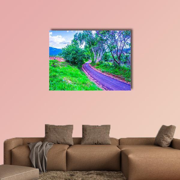 Mountain Road in Thailand Canvas Wall Art in green, blue and purple, single panel hung on a wall