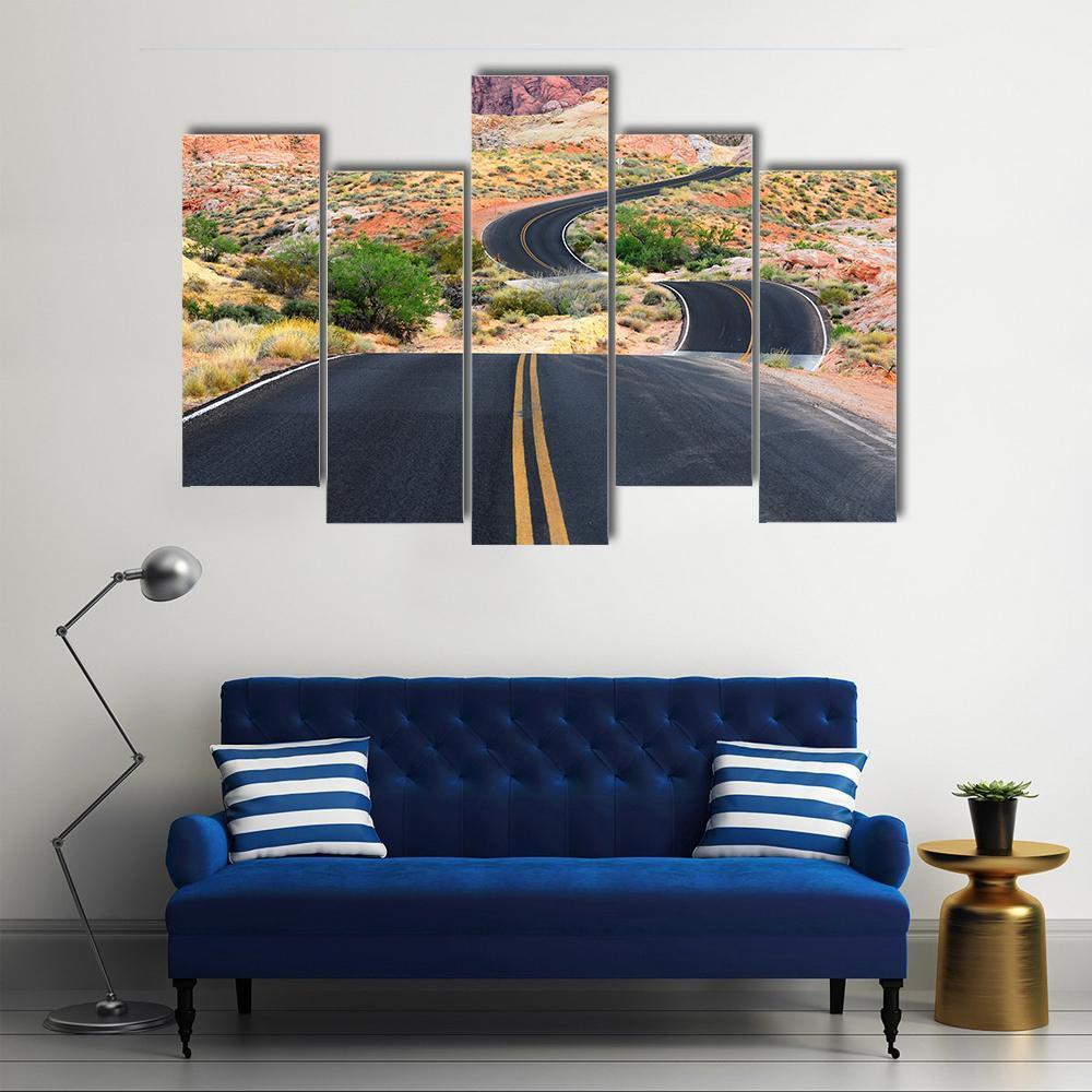 Road Runs Through It In Valley Of Fire State Park Canvas Wall Art-5 Pop-Gallery Wrap-47" x 32"-Tiaracle