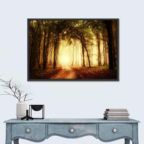 Road Through A Golden Forest At Autumn Canvas Wall Art-1 Piece-Floating Frame-24" x 16"-Tiaracle