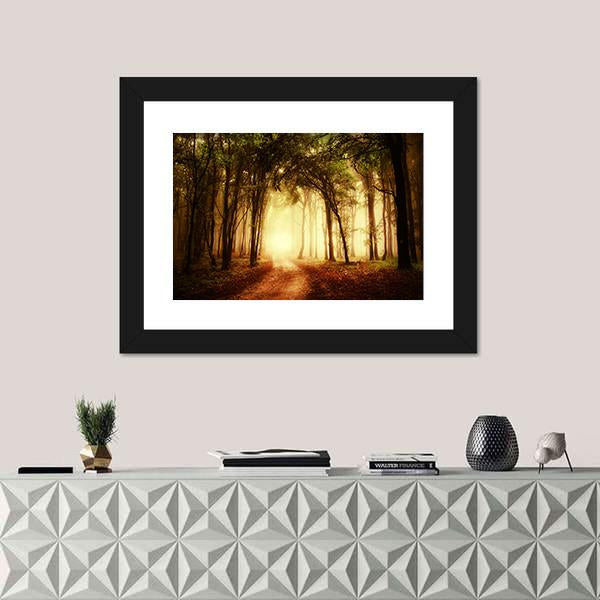 Road Through A Golden Forest At Autumn Canvas Wall Art-1 Piece-Framed Print-20" x 16"-Tiaracle