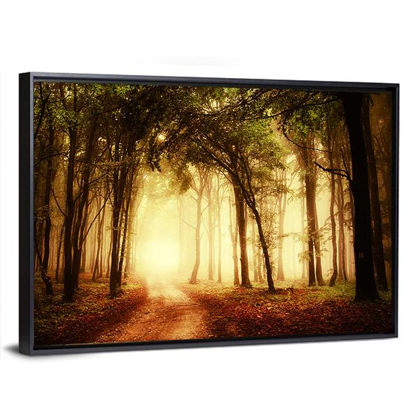 Road Through A Golden Forest At Autumn Canvas Wall Art-3 Horizontal-Gallery Wrap-25" x 16"-Tiaracle