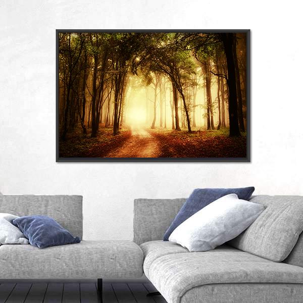 Road Through A Golden Forest At Autumn Canvas Wall Art-3 Horizontal-Gallery Wrap-25" x 16"-Tiaracle
