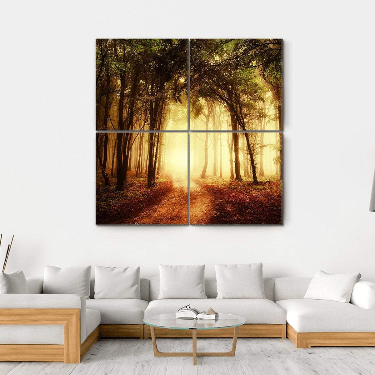 Road Through A Golden Forest At Autumn Canvas Wall Art-4 Square-Gallery Wrap-17&quot; x 17&quot;-Tiaracle