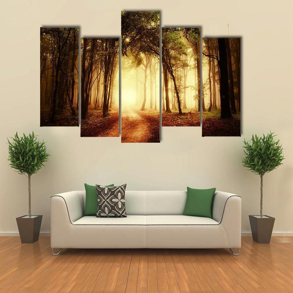 Road Through A Golden Forest At Autumn Canvas Wall Art-5 Pop-Gallery Wrap-47" x 32"-Tiaracle