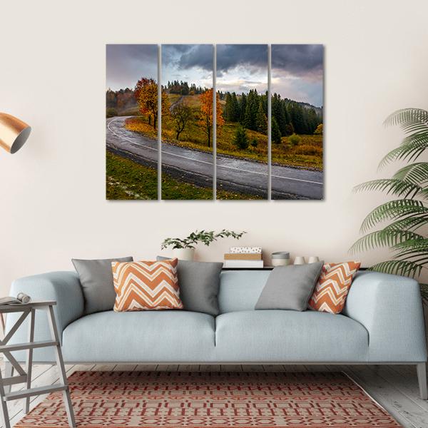 Road Through Autumn Forest Canvas Wall Art-4 Horizontal-Gallery Wrap-34" x 24"-Tiaracle