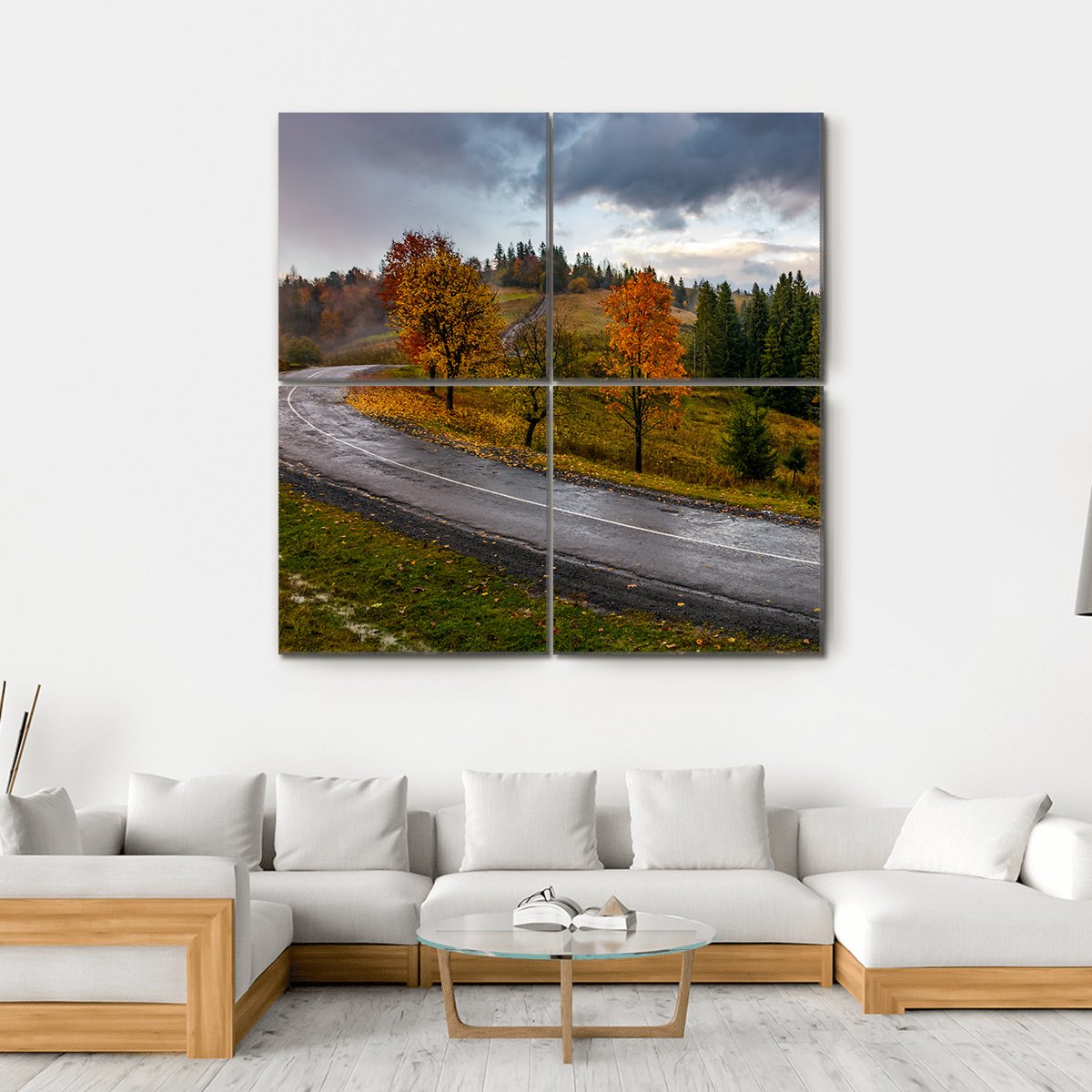 Road Through Autumn Forest Canvas Wall Art-4 Square-Gallery Wrap-17" x 17"-Tiaracle
