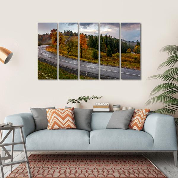 Road Through Autumn Forest Canvas Wall Art-5 Horizontal-Gallery Wrap-22" x 12"-Tiaracle