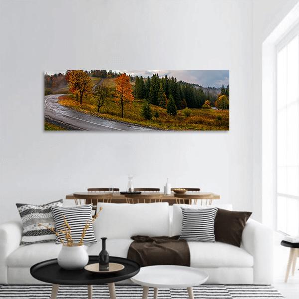 Road Through Autumn Forest Panoramic Canvas Wall Art-1 Piece-36" x 12"-Tiaracle