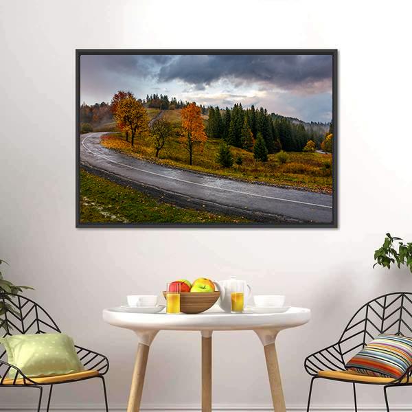 Road Through Autumn Forest Canvas Wall Art-1 Piece-Floating Frame-24" x 16"-Tiaracle