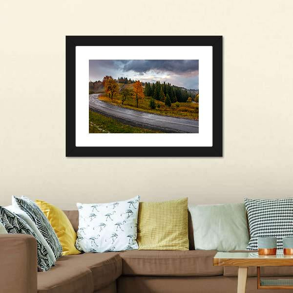 Road Through Autumn Forest Canvas Wall Art-1 Piece-Framed Print-20" x 16"-Tiaracle