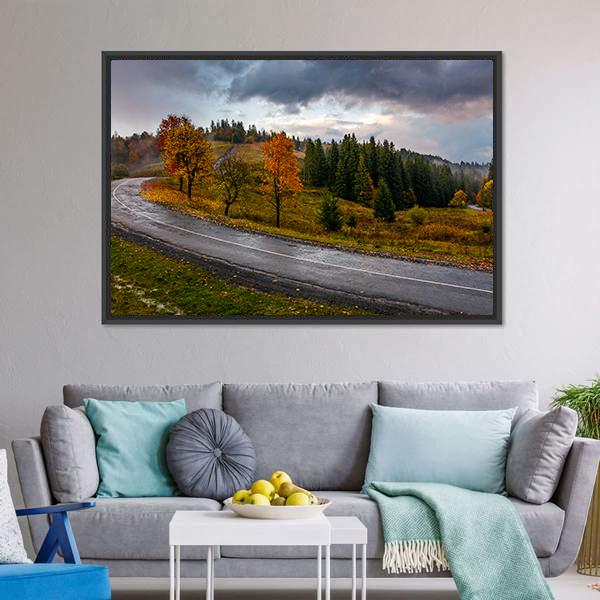 Road Through Autumn Forest Panoramic Canvas Wall Art-1 Piece-36" x 12"-Tiaracle